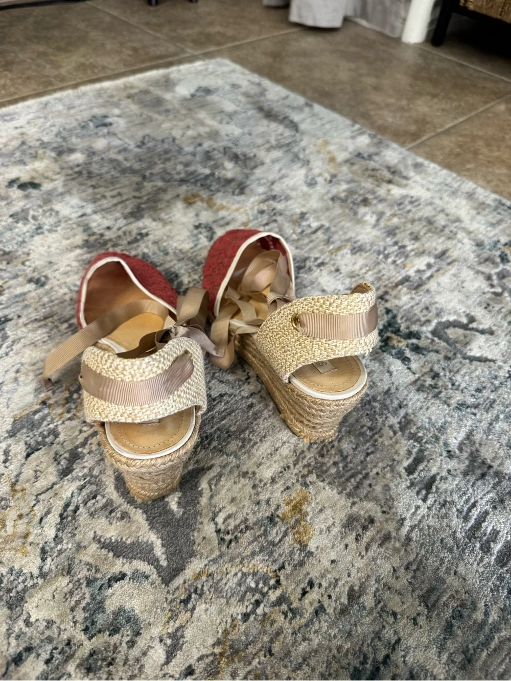 SCHUTZ Red Lace Espadrille Wedges with Tan Ankle Ties